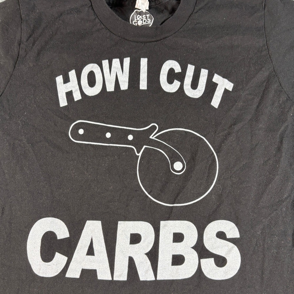 Lost Gods How I Cut Carbs Pizza Cutter Graphic T-Shirt Black Small S Cotton - Picture 2 of 5